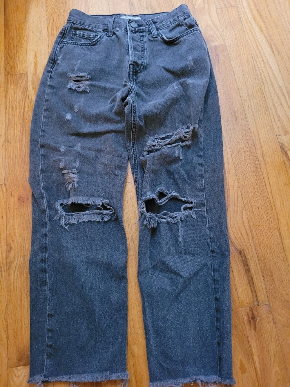 Forever 21 Womens Baggy Straight Leg Ripped Dark Grey Jean